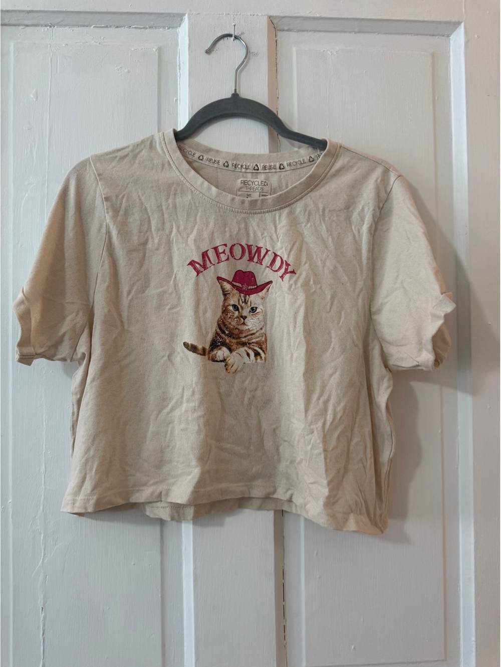 Recycled Karma Meowdy Cowboy Cat Graphic T-Shirt Beige Size L